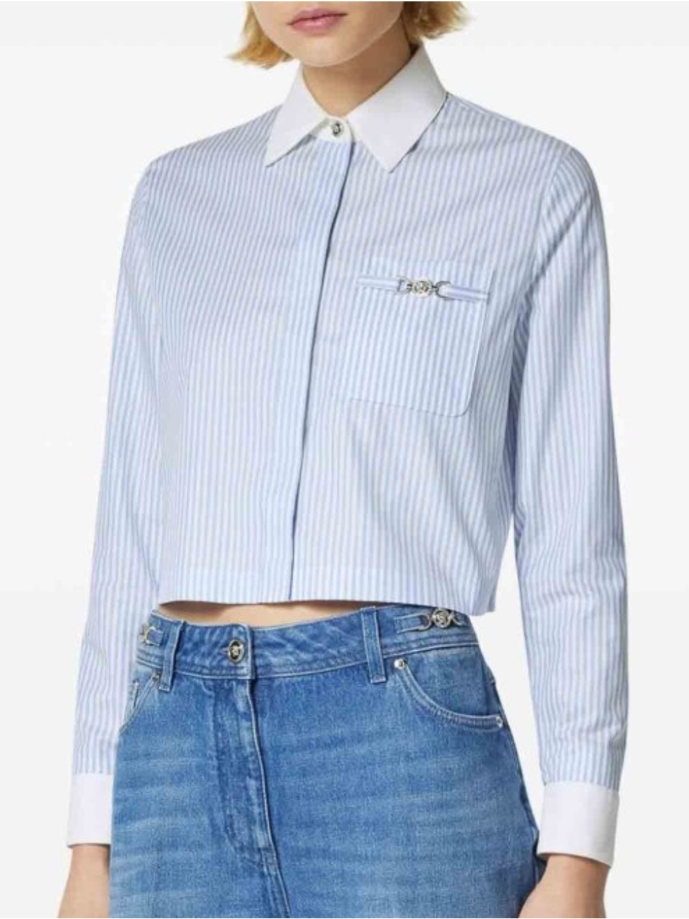 Versace Medusa '95 Cropped Striped Oxford Shirt Blue White IT 40 US 4